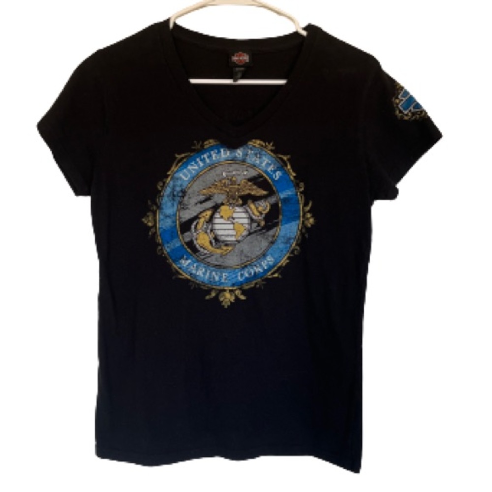 WOMENS HARLEY DAVIDSON QUANTICO VA US MARINES V NECK SHORT SLEEVE TEE SIZE M